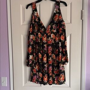 Midnight Doll Black Floral Cold-Shoulder Dress